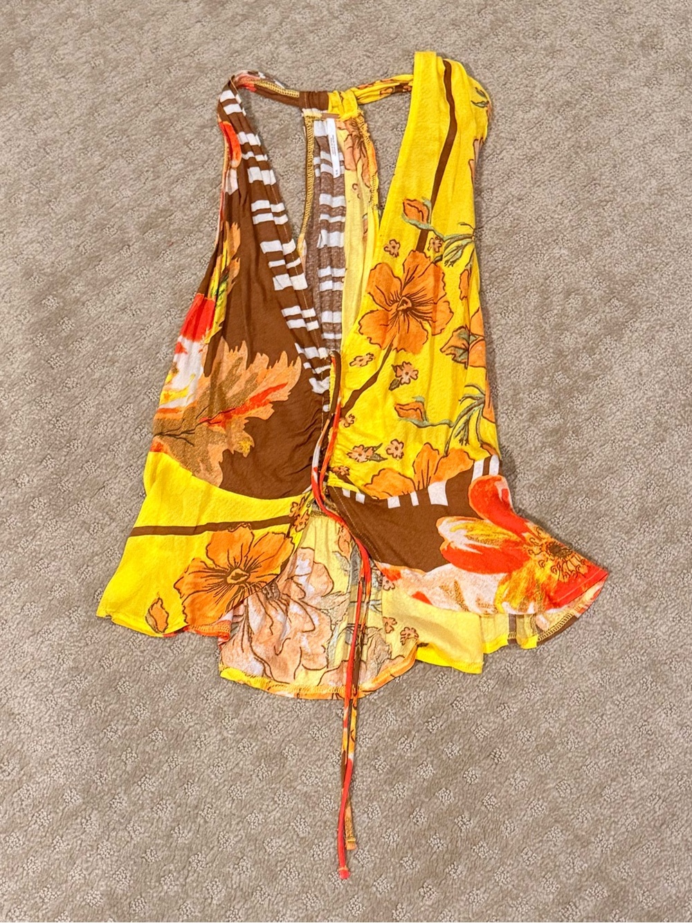 NEVER WORN Free People Bright Floral Halter Tie-Front Top — Yellow & Brown